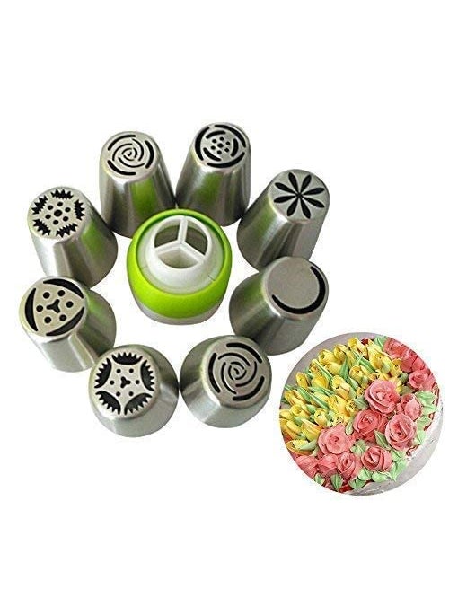 ISHVANKU ISHVANKU 8pc Russian Cake Icing Nozzles Set with 1 Coupler and 3 Piping Bags for Cake Decoration Frosting Cupcake Pastries Desserts Tarts Multicolor MEDIUM 8nozell  - Image 1