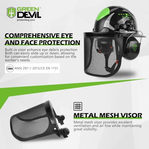 GREEN DEVIL Industrial Chainsaw Helmet with Face Shield Built in Visor and Ear Muffs 4 in 1 System ANSI Z89.1 Safety Hard Hat Adjustable Headgear Ideal for Forestry and Arborist Work Full Brim Style - Image 2