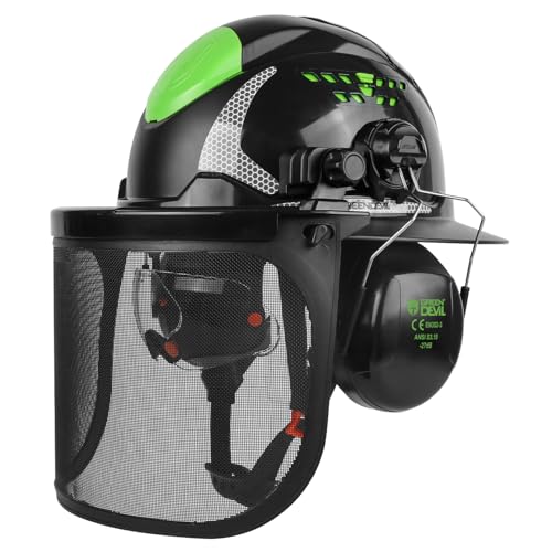 GREEN DEVIL Industrial Chainsaw Helmet with Face Shield Built in Visor and Ear Muffs 4 in 1 System ANSI Z89.1 Safety Hard Hat Adjustable Headgear Ideal for Forestry and Arborist Work Full Brim Style - Image 1