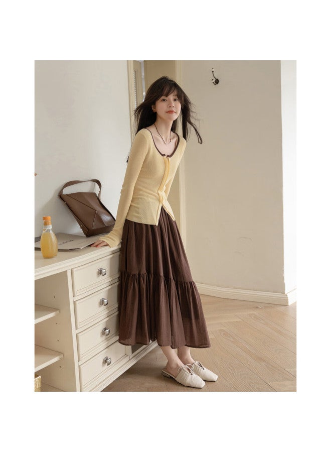 Mt [Nanfa Holiday] Spring Literary Style Lightweight Contrasting Color Round Neck Sweater, High Elasticity Concealing Knit Top For Women - Image 1