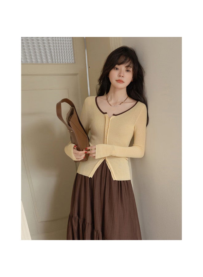 Mt [Nanfa Holiday] Spring Literary Style Lightweight Contrasting Color Round Neck Sweater, High Elasticity Concealing Knit Top For Women - Image 5