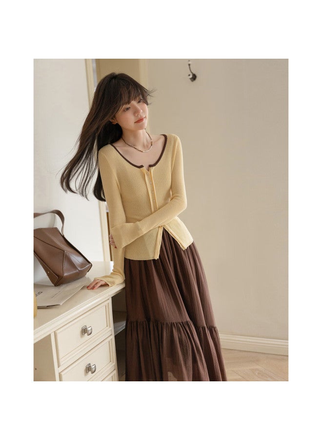 Mt [Nanfa Holiday] Spring Literary Style Lightweight Contrasting Color Round Neck Sweater, High Elasticity Concealing Knit Top For Women - Image 3