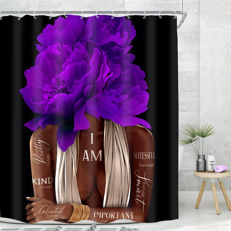 MESHELLY Purple Shower Curtain 60Wx72H African American Woman Peony Flower Bathroom Curtain Black Girl Floral Inspirational Quote Bath Curtain Fabric Afro Lady Positive Bathroom Decor with 12 Hook - Image 2