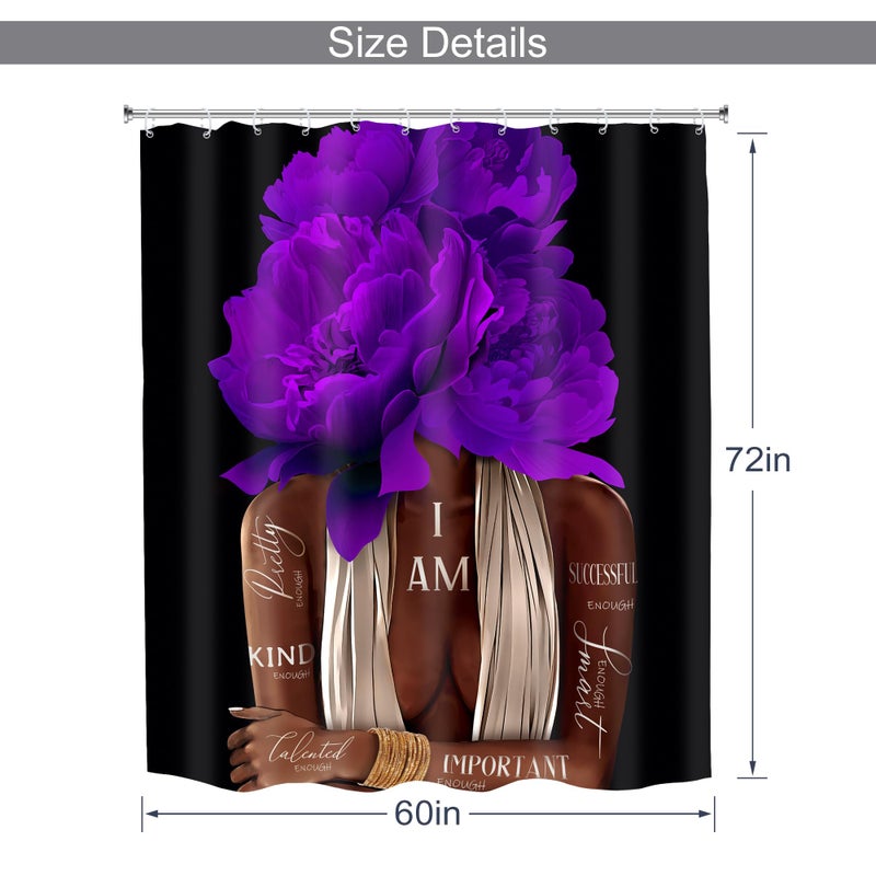 MESHELLY Purple Shower Curtain 60Wx72H African American Woman Peony Flower Bathroom Curtain Black Girl Floral Inspirational Quote Bath Curtain Fabric Afro Lady Positive Bathroom Decor with 12 Hook - Image 3