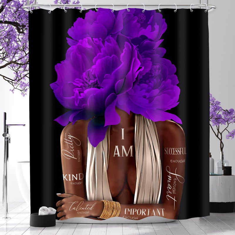 MESHELLY Purple Shower Curtain 60Wx72H African American Woman Peony Flower Bathroom Curtain Black Girl Floral Inspirational Quote Bath Curtain Fabric Afro Lady Positive Bathroom Decor with 12 Hook - Image 1