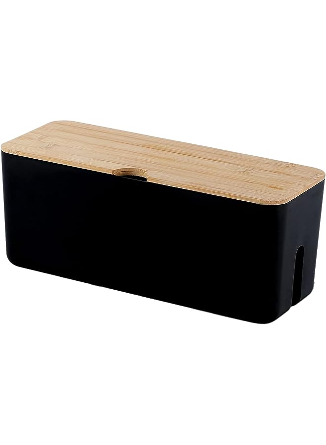 4basix Cable Management Box, Organizer for Cables, Power Cord Storage Box with Lid (Black & Wooden Lid) - Image 1