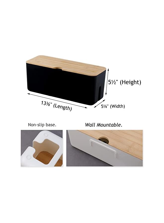 4basix Cable Management Box, Organizer for Cables, Power Cord Storage Box with Lid (Black & Wooden Lid) - Image 3