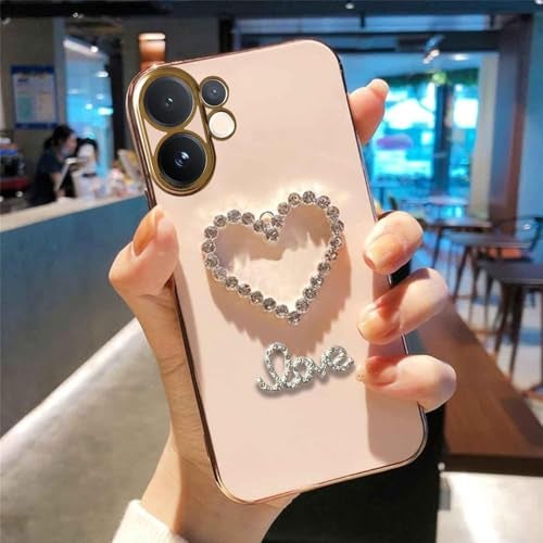KC Back Cover for Vivo V60 5G / V60e 5G / Vivo T4 Pro 5G Love Heart Diamonds Shape Electroplated Soft Silicone Camera Protection Case - Pink - Image 4