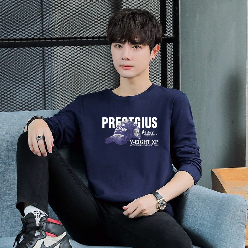 220G Thick Long-Sleeved T-Shirt Youth Cotton Printed Autumn Clothes Men'S Loose Top Plus Size Bottoming Shirt Denim Hat - Image 1