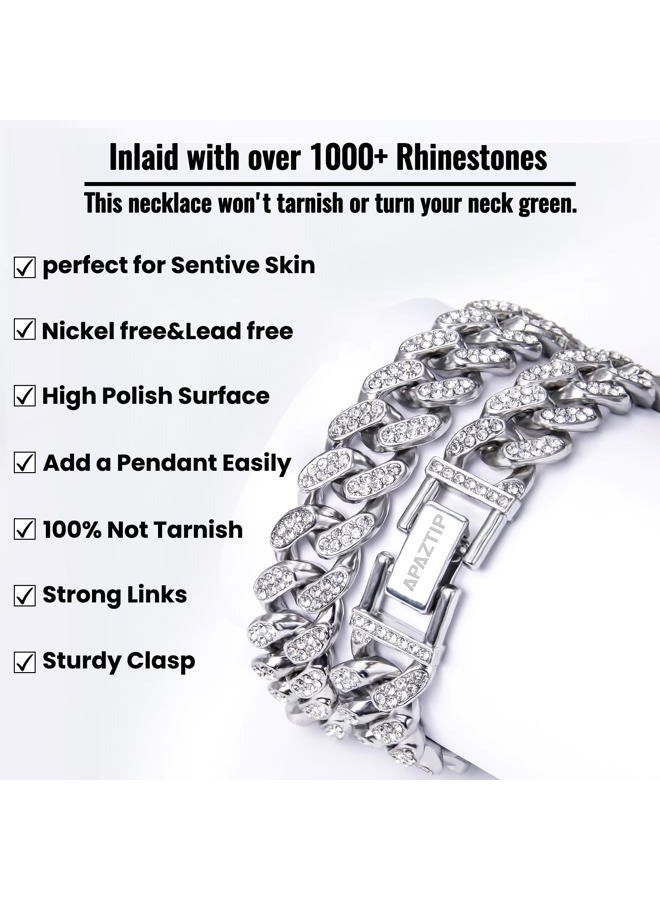 APaztip Men's 22'' Silver Stainless Steel Cuban Link Chain Necklace - Iced Out Thick Chain for Women and Bling Diamond-Cut Cuban Link Chains for Men - Hip Hop Jewelry - Image 3