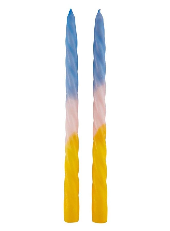 Slant Collections Tri-Colored Unscented Spiral Taper Candles 2-Count Dinner Candles, 9-Inch, Blue/Pink/Yellow - Image 1