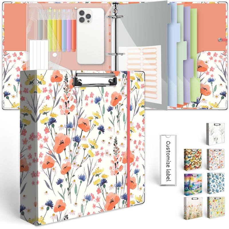 KLLVE 3 Ring Binder 2 Inch, Three Ring Binder Organizer with Clipboard, 5-Tabs Pockets Dividers, Plastic Folder, 18 Divider Stikers, KLLVE Cute Binder with Pen Loop (Flora, Letter Size) - Image 1
