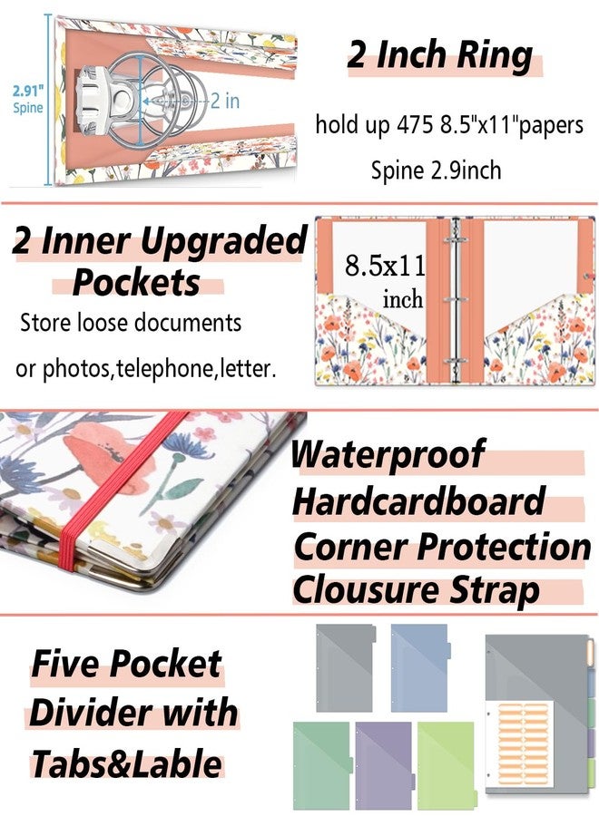 KLLVE 3 Ring Binder 2 Inch, Three Ring Binder Organizer with Clipboard, 5-Tabs Pockets Dividers, Plastic Folder, 18 Divider Stikers, KLLVE Cute Binder with Pen Loop (Flora, Letter Size) - Image 4