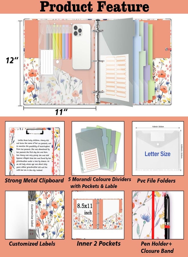 KLLVE 3 Ring Binder 2 Inch, Three Ring Binder Organizer with Clipboard, 5-Tabs Pockets Dividers, Plastic Folder, 18 Divider Stikers, KLLVE Cute Binder with Pen Loop (Flora, Letter Size) - Image 2