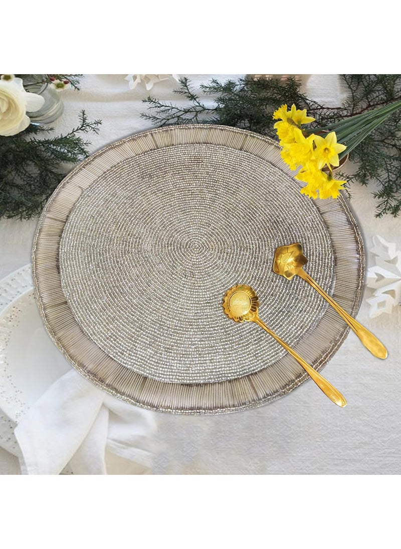 Good Vibes Glass Beads Place matsRound Table MatEmbroidered Table MatRound Beaded Table MatsCutwork Design Dining Table MatsDressing Table MatsBed Side Table matsSilver Grey 14 Inches  - Image 1