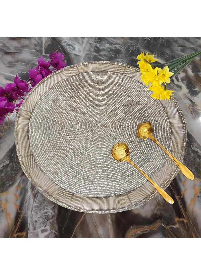 Good Vibes Glass Beads Place matsRound Table MatEmbroidered Table MatRound Beaded Table MatsCutwork Design Dining Table MatsDressing Table MatsBed Side Table matsSilver Grey 14 Inches  - Image 4
