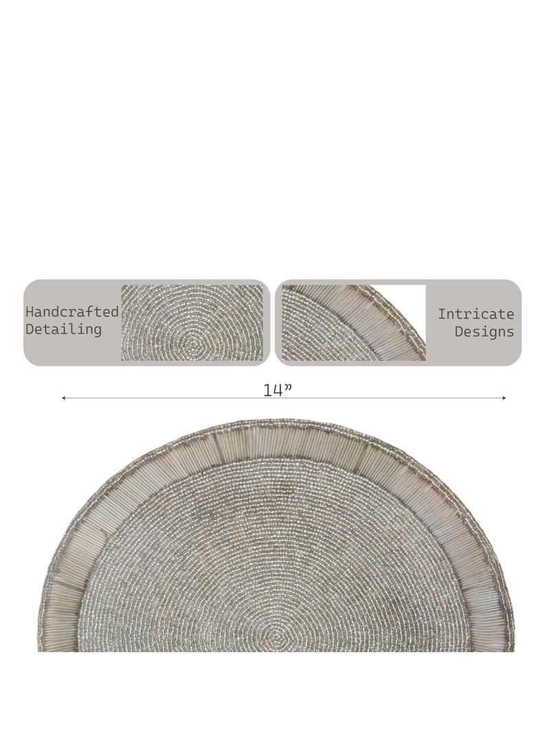 Good Vibes Glass Beads Place matsRound Table MatEmbroidered Table MatRound Beaded Table MatsCutwork Design Dining Table MatsDressing Table MatsBed Side Table matsSilver Grey 14 Inches  - Image 2