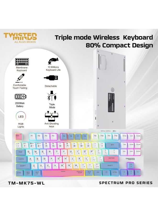 TWISTED MINDS TWISTEDMINDS Spectrum Pro Series TM-MK75-WL 75% Compact (87-Key) Wireless Membrane Keyboard | English Layout | RGB Backlit | Triple-Mode (USB-C Wired / 2.4 GHz/Bluetooth) | 19-Key Anti-Ghosting - Image 2