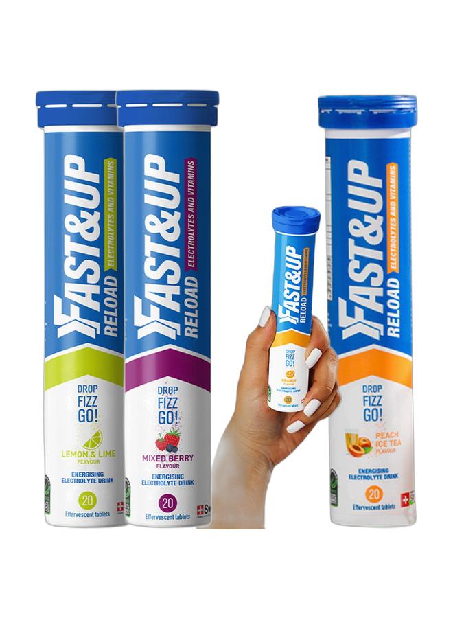 FAST&UP Assorted Reload - Hydration Electrolyte Supplement - 240 Effervescent Tablets, Lemon&Lime, Mixed Berry, Orange, Peach Ice Tea Flavour - Image 1