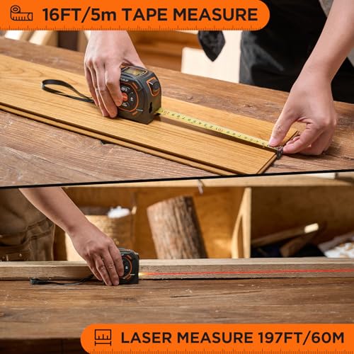 ELIKLIV Laser Tape Measure 2-in-1, 197Ft Laser Distance Meter & 16Ft Digital Tape Measure, with LCD Display, Pythagorean Mode, Area/Volume Calculation, USB-C Rechargeable for Woodworking and Construction - Image 2
