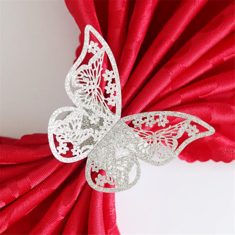 Lavandi Lavandi 100pcs Napkin Rings 3D New Butterfly Paper Weddings Party Serviette Table Decoration Restaurant Hollow Out Bright Spot Material Bright Silver 