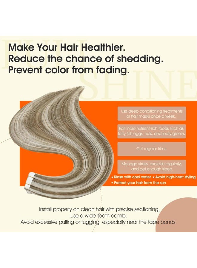 Full Shine Tape in Hair Extensions Human Hair Glue in Hair Extensions Color 8 Ash Brown Highlighted 60 Platinum Blonde Straight Hair 14 Inch Skin Weft Tape in Extensions 20 Pcs 50g - Image 3