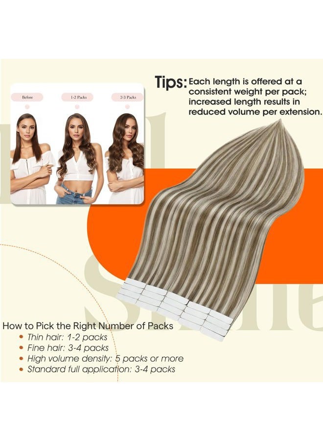 Full Shine Tape in Hair Extensions Human Hair Glue in Hair Extensions Color 8 Ash Brown Highlighted 60 Platinum Blonde Straight Hair 14 Inch Skin Weft Tape in Extensions 20 Pcs 50g - Image 4