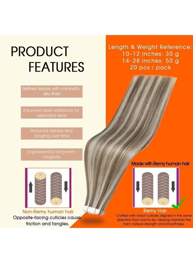 Full Shine Tape in Hair Extensions Human Hair Glue in Hair Extensions Color 8 Ash Brown Highlighted 60 Platinum Blonde Straight Hair 14 Inch Skin Weft Tape in Extensions 20 Pcs 50g - Image 2
