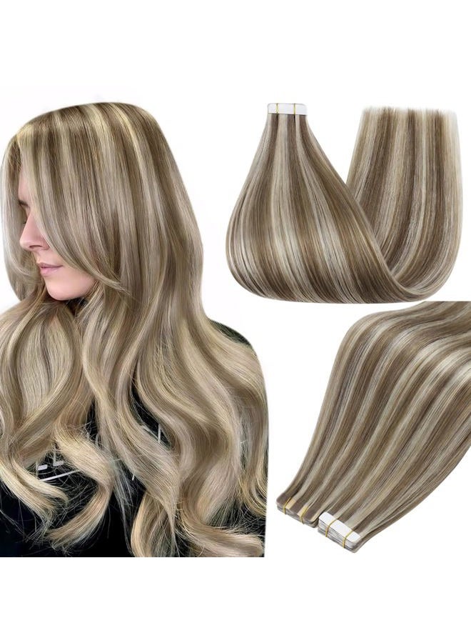 Full Shine Tape in Hair Extensions Human Hair Glue in Hair Extensions Color 8 Ash Brown Highlighted 60 Platinum Blonde Straight Hair 14 Inch Skin Weft Tape in Extensions 20 Pcs 50g - Image 1