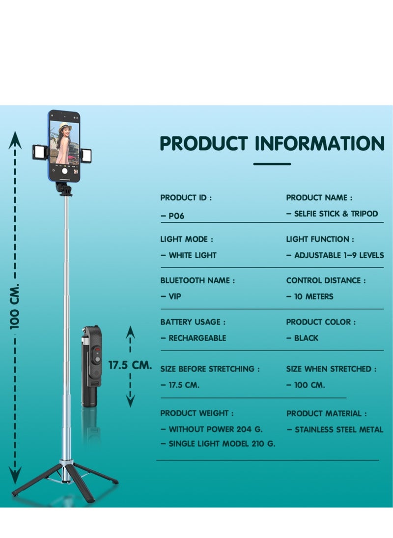 Extendable Selfie Stick Tripod with Bluetooth, 4-Leg Base & 180° Adjustable Head Portable Phone Stand for Photos, Live Streaming, Vlogging Compatible with iOS/Android (Black)