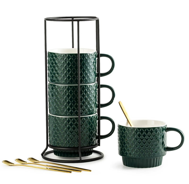 LYEOBOH Coffee Mug Set Porcelain Stackable Coffee Mugs with Stand and Spoons 13 OZ Cappuccino Cup Demitasse Cups for Drinks Espresso LatteSet of 4 Dark Green