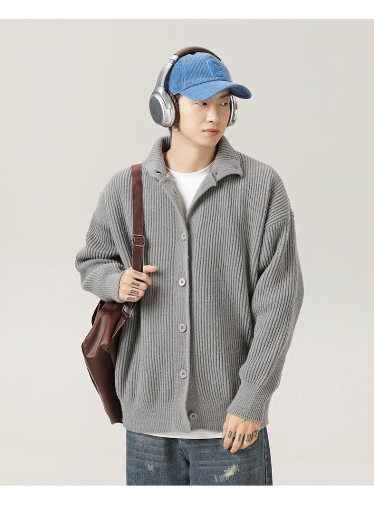 NIBEMINENT High Neck Cardigan Sweater For Men In Autumn And Winter Lazy Style Solid Color Casual Knit Sweater Trendy Brand Stand Up - Image 2