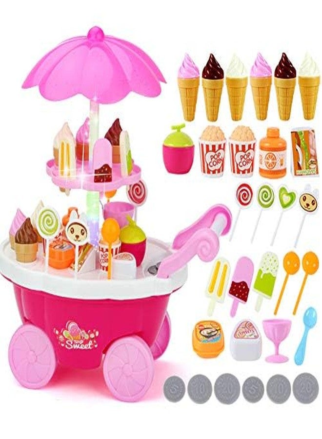 BIG FOLK Ice Cream & Candy Trolley Pretend Play Set | 39 Pcs Role Play Cart Toy with Kitchen Accessories | Learning Toy for Kids | Birthday Gift for Boys & Girls Color (Pink&Yellow) (Non Musical) - Image 3