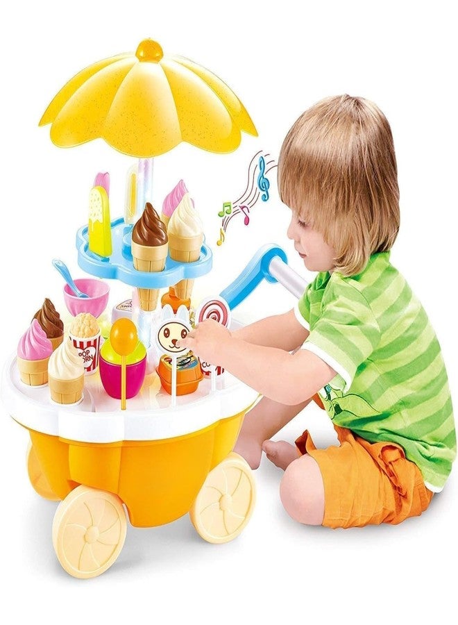 BIG FOLK Ice Cream & Candy Trolley Pretend Play Set | 39 Pcs Role Play Cart Toy with Kitchen Accessories | Learning Toy for Kids | Birthday Gift for Boys & Girls Color (Pink&Yellow) (Non Musical) - Image 4