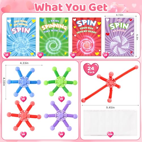 OCHIDO 24 Pack Valentines Day Cards for Kids with Pop Tubes Fidget Spinner Kids Valentines Day Gifts for School Classroom Exchange Games Prize Rewards Valentines Day Party Favors for Boys Girls - Image 5
