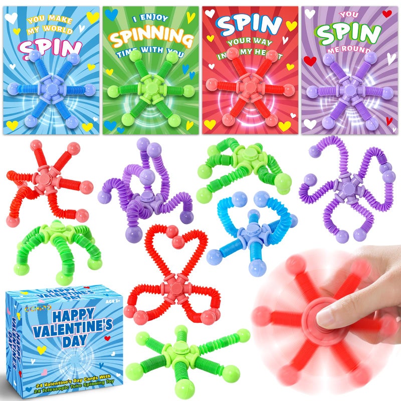 OCHIDO 24 Pack Valentines Day Cards for Kids with Pop Tubes Fidget Spinner Kids Valentines Day Gifts for School Classroom Exchange Games Prize Rewards Valentines Day Party Favors for Boys Girls - Image 3