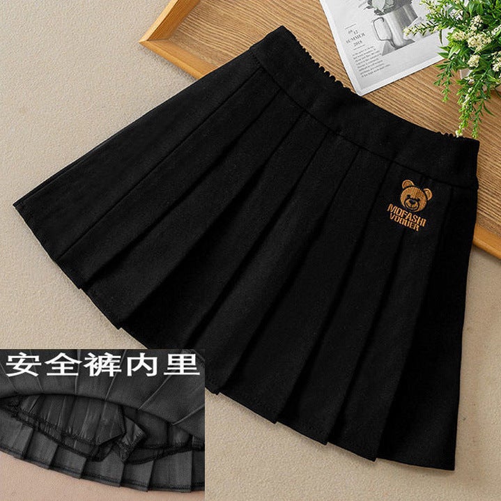Girls Skirt 2024 Spring and Autumn New Childrens Wool Material All-match Childrens Wear Womens Middle and Big Childrens Pleated Skirt Student Skirt Black suit material (security pants with elastic waist) 