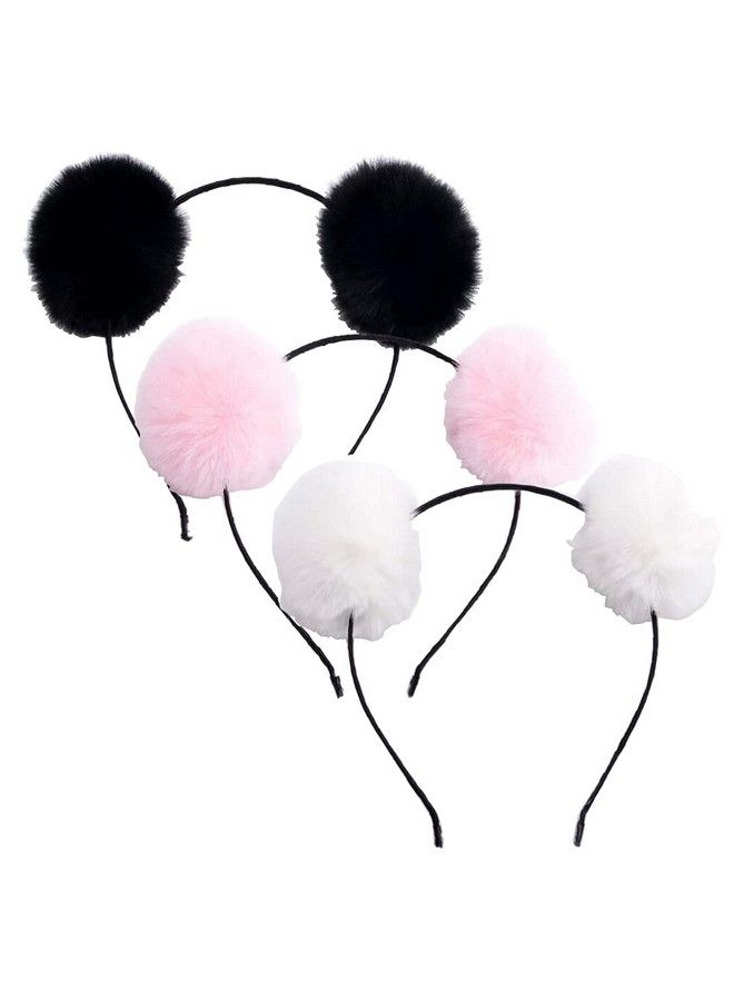 vipolish 3Pcs Fluffy Pom Ball Headband Pom Pom Ball Cat Ear Headband Hair Styling Accessories For Women Girls - Image 2