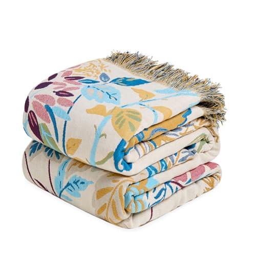 LUTBM Boho Throw Blanket for Bed Cotton Summer Blankets Twin Size for Bedroom Living Room All Season Lightweight Floral Embroidery Decorative Breathable Quilt for Couch Sofa Chair 60x80 - Image 1