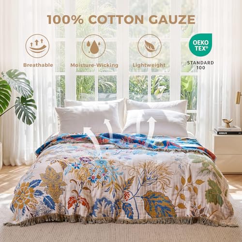 LUTBM Boho Throw Blanket for Bed Cotton Summer Blankets Twin Size for Bedroom Living Room All Season Lightweight Floral Embroidery Decorative Breathable Quilt for Couch Sofa Chair 60x80 - Image 3