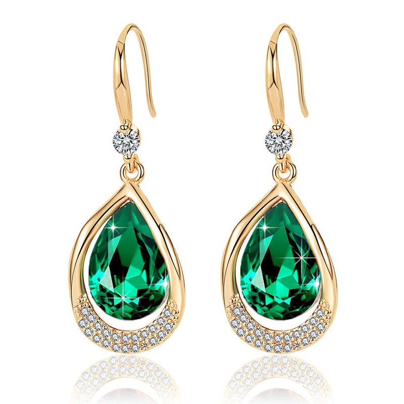 EVEVIC Austrian Crystal Halo Teardrop Hollow Drop Dangle Earrings for Women 14K Rose Gold Plated Hypoallergenic Jewelry (Emerald) - Image 1