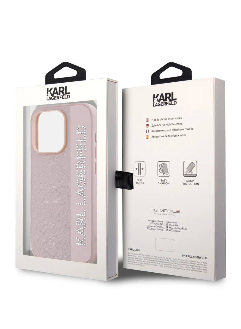 Karl Lagerfeld Saffiano Leather Hard Case with Elongated Logo for iPhone 16 Pro / PC Protector Camera/ Karl Diamond Logo/ Lightweight - Pink