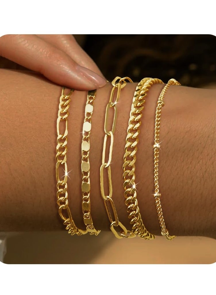Dainty Gold Chain Bracelets Set for Women 14K Real Gold Plated Link Chain Bracelets for Women Trendy Gold Stackable Cuff Bracelets for Jewelry Gifts Women Adjustable 7"+2"  - Image 1