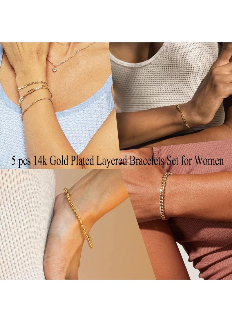 Dainty Gold Chain Bracelets Set for Women 14K Real Gold Plated Link Chain Bracelets for Women Trendy Gold Stackable Cuff Bracelets for Jewelry Gifts Women Adjustable 7"+2"  - Image 2