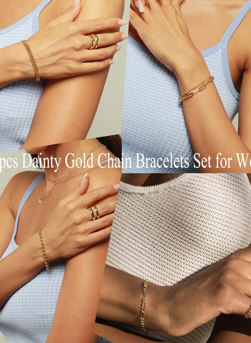 Dainty Gold Chain Bracelets Set for Women 14K Real Gold Plated Link Chain Bracelets for Women Trendy Gold Stackable Cuff Bracelets for Jewelry Gifts Women Adjustable 7"+2"  - Image 3