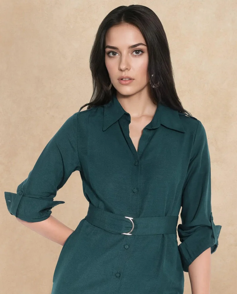 Rareism Rareism Women Gellem Green Cotton Linen Fabric Regular Sleeves Collared Neck Solid Longline Dress