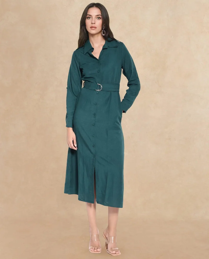 Rareism Rareism Women Gellem Green Cotton Linen Fabric Regular Sleeves Collared Neck Solid Longline Dress