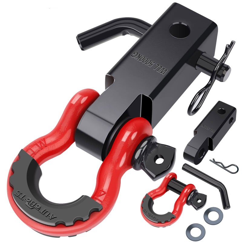 AUTOBOTS Shackle Hitch Receiver 2 45000 Lbs Break Strength Heavy Duty Receiver with 58 Screw Pin 34 D Ring Shackles Towing Accessories for Vehicle Recovery OffRoad RedBlack