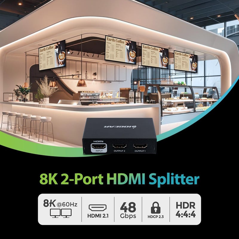 موزع HDMI 8K ثنائي المنافذ من IOGEAR – HDMI 2.0، 4K 60Hz UHD، HDCP 2.2، صوت دولبي، HDR، إدارة EDID – نسخ مصدر HDMI واحد إلى شاشتين (GHSP8822) - Image 1