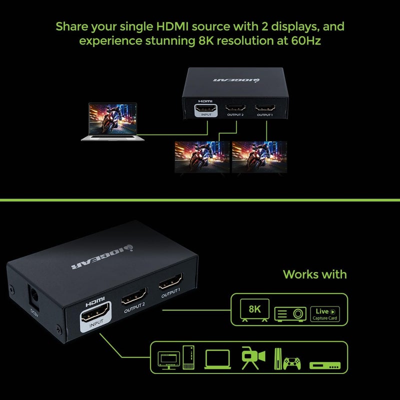موزع HDMI 8K ثنائي المنافذ من IOGEAR – HDMI 2.0، 4K 60Hz UHD، HDCP 2.2، صوت دولبي، HDR، إدارة EDID – نسخ مصدر HDMI واحد إلى شاشتين (GHSP8822) - Image 2